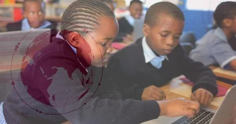 Children using laptops in classroom, binary coding and data processing image 스톡 사진