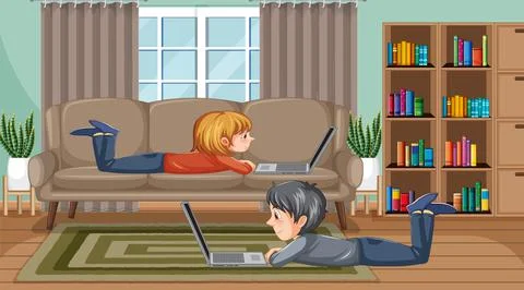 Children using laptops at home Illustrazione stock