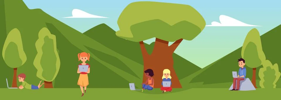 Children using laptops in park or at school backyard flat vector illustration. Ilustração Stock