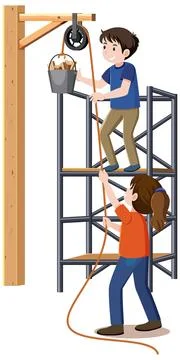 Children Using Pulley Simple Machine to Lift Bucket Vector Illustration 스톡 일러스트