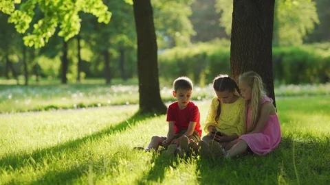 Children using smartphone in park Stock Footage 111927414