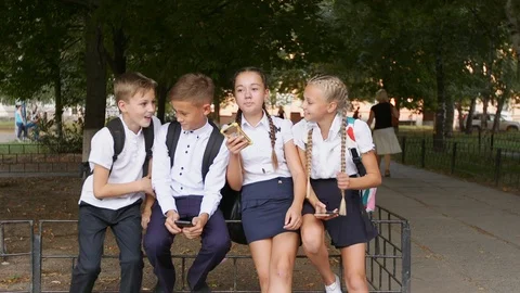 Children using smartphone at the schoolyard Stock Footage 94330363