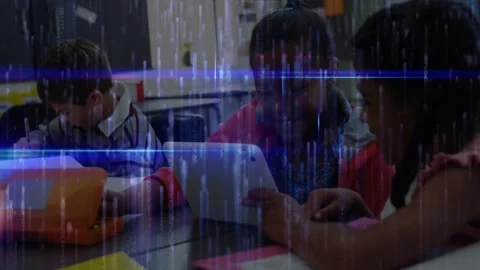 Children using tablet in classroom with digital data animation overlay Stock Footage 330584280
