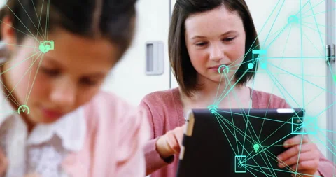 Children using tablets with digital network and data sharing animation overlay Stock Footage 305621702