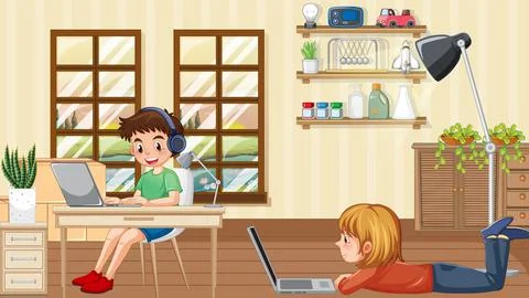 Children using technology devices at home Illustrazione stock