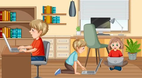 Children using technology devices at home Illustrazione stock