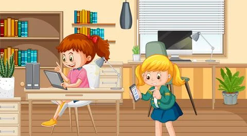 Children using technology devices at home Illustrazione stock