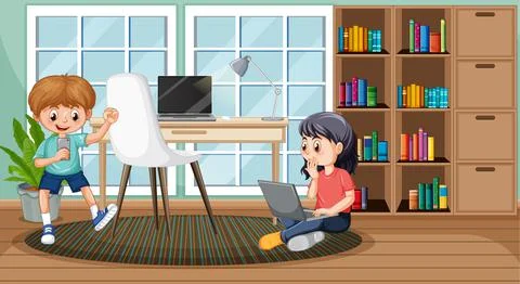 Children using technology devices at home Illustrazione stock