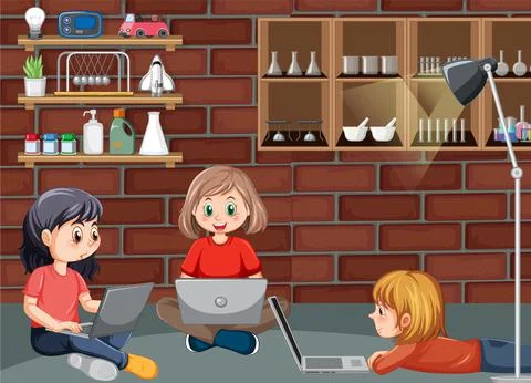 Children using technology devices at home Illustrazione stock