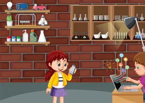 Children using technology devices at home Illustrazione stock