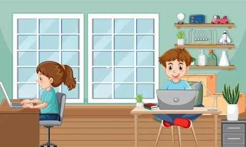 Children using technology devices at home Illustrazione stock