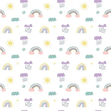 Children vector scandinavian seamless pattern clouds, rain, sun and rainbow Illustrazione stock