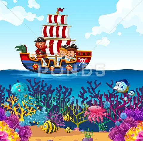 Children On Viking Boat And Ocean Scene