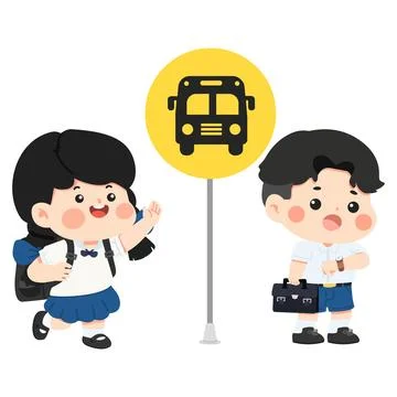 Children Waiting for School Bus Stock Illustration