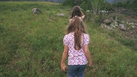 Children walk down the meadow. two little girls traveler was walking across a Stock Footage 77020018