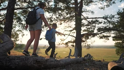 Children walk on forest log at sunset. Girl and boy with backpacks keep balance Stock Footage 316715463
