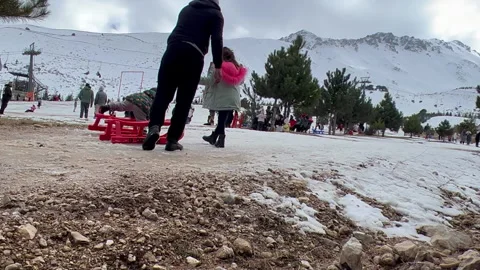 Children walking away from dad pulling red sleighs Stock Footage 235001861