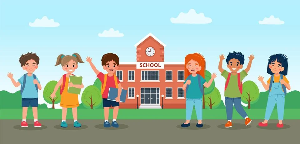 Children walking to school, cute colorful characters. Vector illustration in Stock Illustration