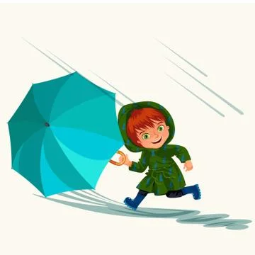 Children walking under raining sky with an umbrella, drops of rain are dripping Stock Illustration