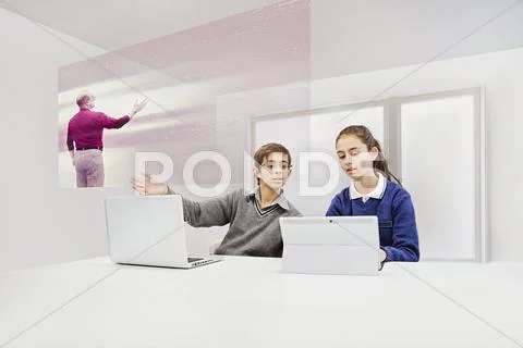 Children Watching Floating Screen In Online Class