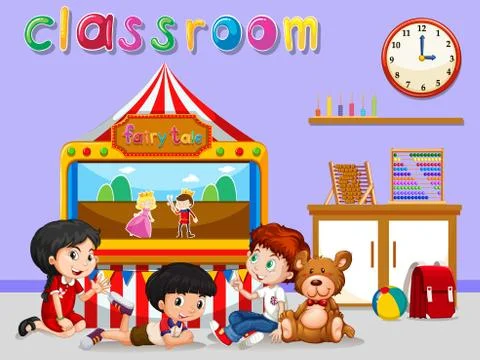 Children watching puppet in classroom Stock Illustration