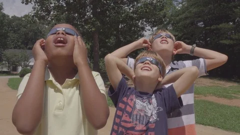 Children watching solar eclipse with solar sunglasses Stock Footage 79549785