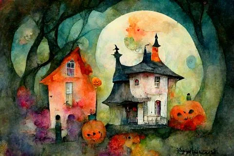 Children watercolor painting of halloween haunted old house at night, colorful Stock Illustration