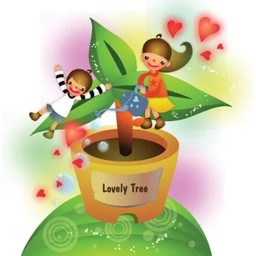 Children Watering A Tree Sapling Stock Illustration
