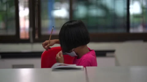 Children wearing mask for safety coronavirus and learning in classroom of school Stock-Footage 139692053