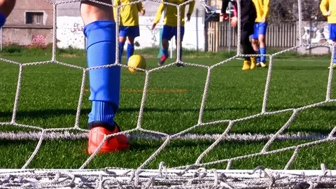 Children while training to take penalty kicks on a soccer field Stock-Footage 104910917