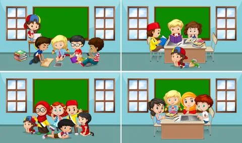 Children working in the classroom Stock Illustration
