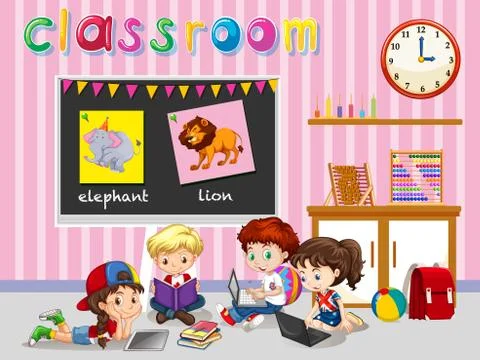 Children working in the classroom Stock Illustration