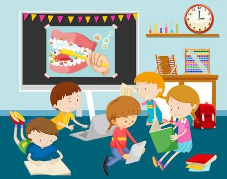 Children working on computer in classroom 库存插图