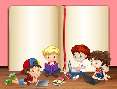 Children working on computer in a room Stock Illustration