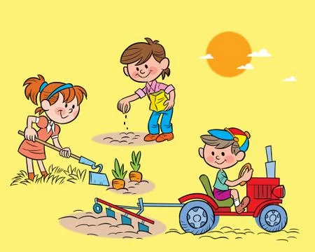 Children working in the garden with different tools Stock Illustration