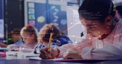 Children writing on paper in classroom activating network nodes and code linking Stock Footage 314744742