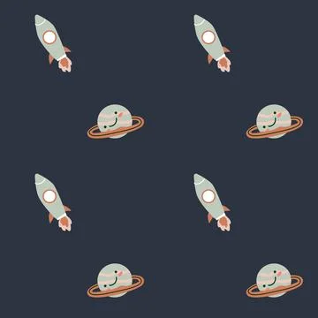 Childrens adventure pattern with cosmic objects and galaxy elements, cute Stock Illustration