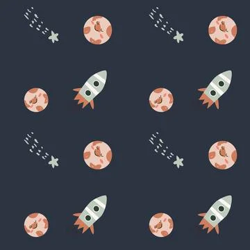 Childrens adventure pattern with cosmic objects and galaxy elements, cute Stock Illustration