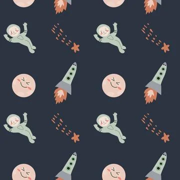 Childrens adventure pattern with cosmic objects and galaxy elements, cute Stock Illustration