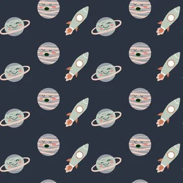 Childrens adventure pattern with cosmic objects and galaxy elements, cute Stock Illustration