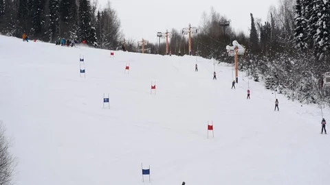 Children's Alpine skiing competitions in the open air in winter Stock Footage 102481216