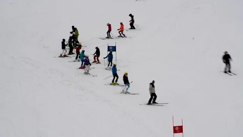 Children's Alpine skiing competitions in the open air in winter Stock Footage 102481299