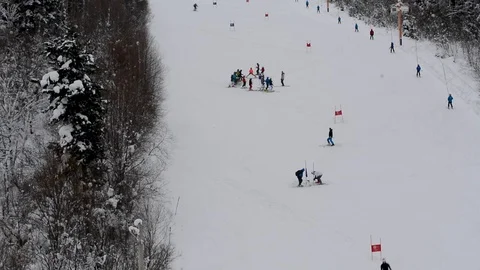 Children's Alpine skiing competitions in the open air in winter Stock Footage 102481309