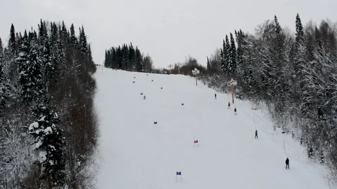 Children's Alpine skiing competitions in the open air in winter Stock Footage 104701624