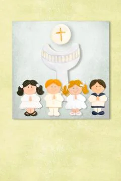 Childrens and chalice  first communion invitation card, background with copy  Stock Illustration