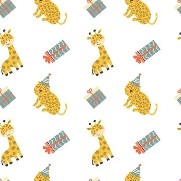 Childrens animals pattern, cute african jungle and tropical animal background Stock Illustration