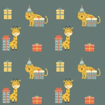 Childrens animals pattern, cute african jungle and tropical animal background Stock Illustration