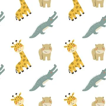 Childrens animals pattern, cute african jungle and tropical animal background Stock Illustration
