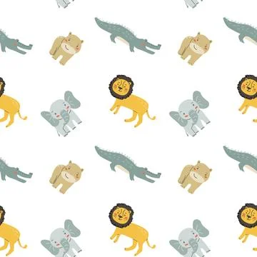 Childrens animals pattern, cute african jungle and tropical animal background Stock Illustration