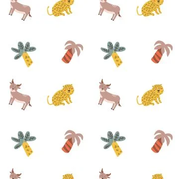 Childrens animals pattern with tropical plants. Childish cute print design イラスト素材